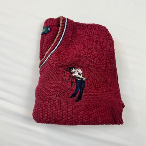 Vintage Carmel Golf Sweater Burgundy Red Men’s Medium Cotton Knit Embroidered - Picture 12 of 12